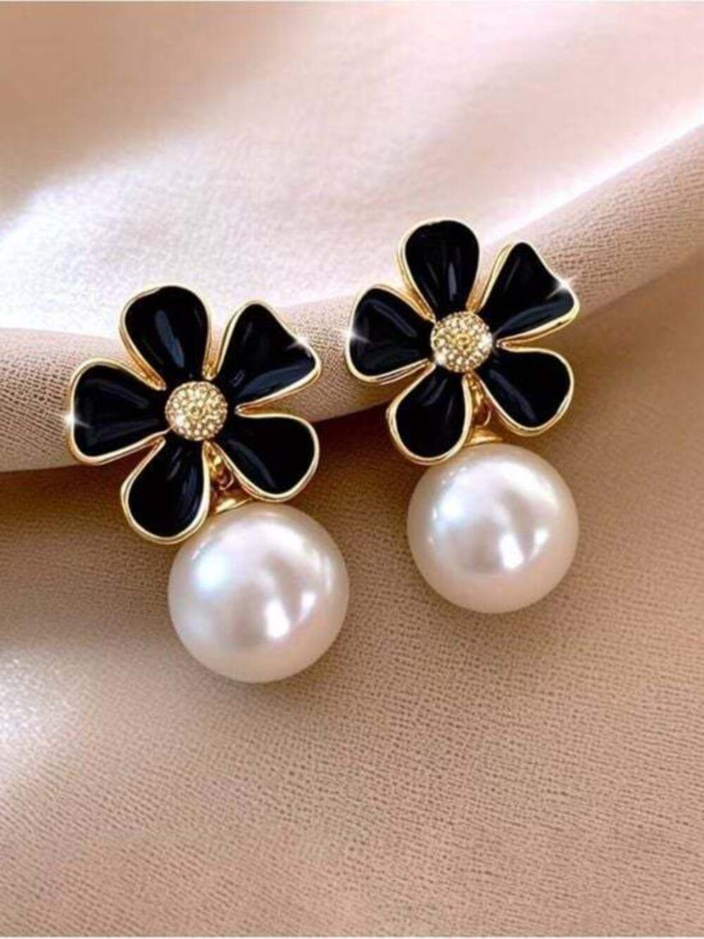 Gold Flower Pearl Drop Earrings with Black Enamel Petals